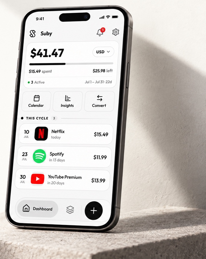 Suby subscription dashboard on a phone set on pale stone