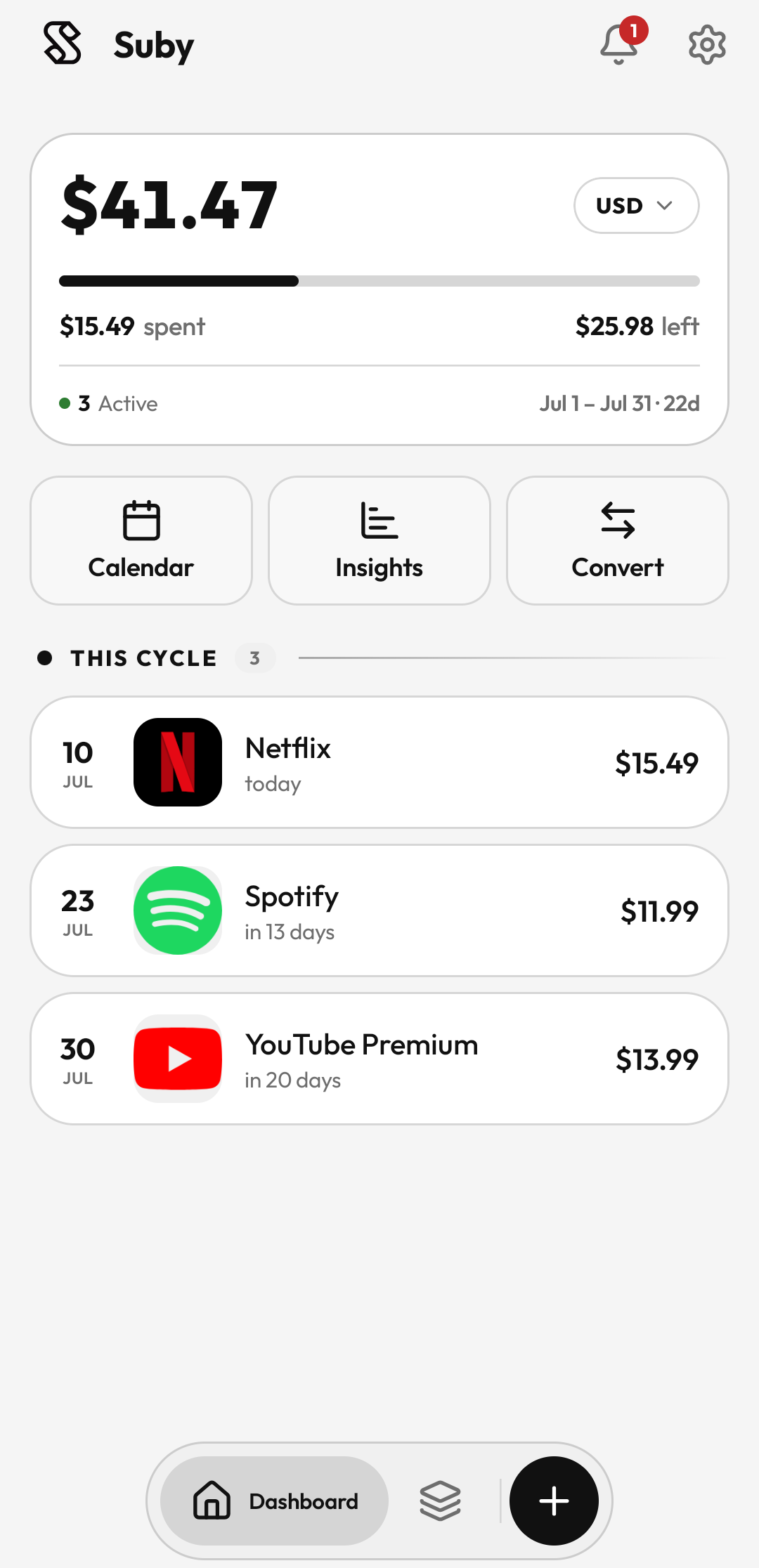 Suby dashboard showing subscriptions, costs and upcoming renewals